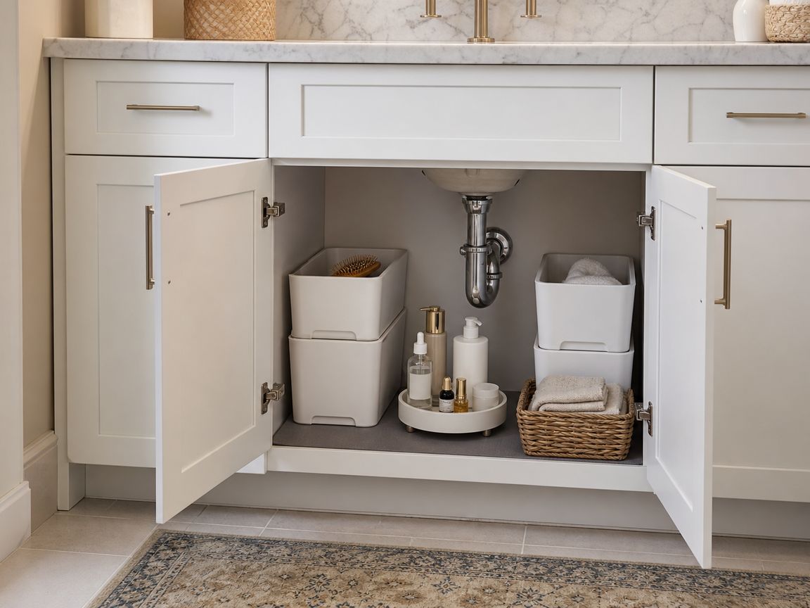 Open bathroom vanity cabinet with short stackable bins arranged around a low-hanging P-trap