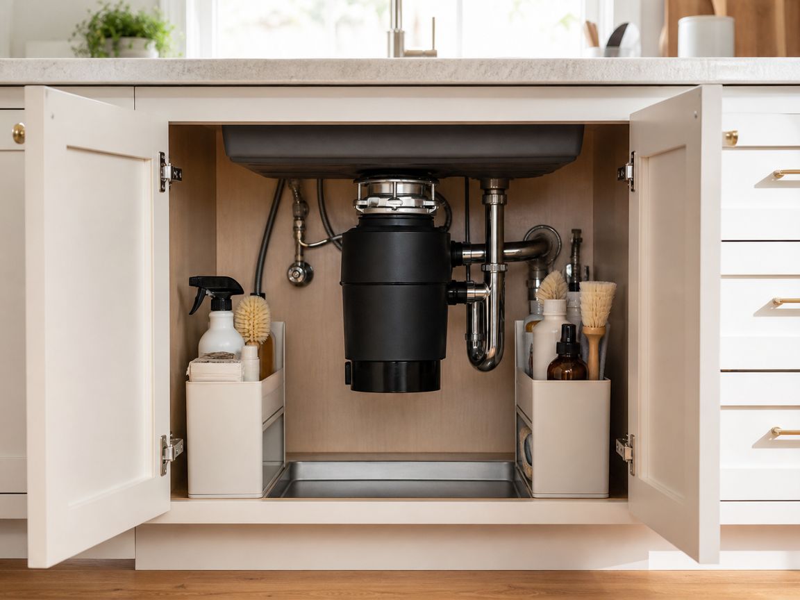 Open kitchen sink cabinet with a garbage disposal unit and narrow organizers on both clear sides