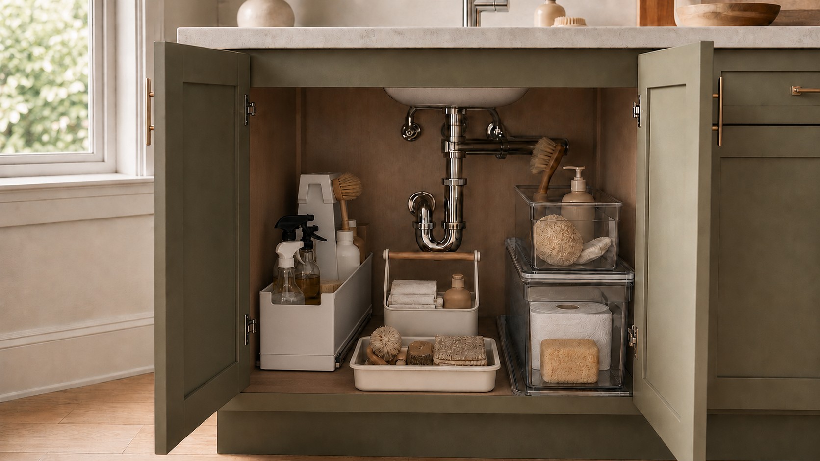Open under-sink kitchen cabinet, neatly organized: slide-out drawer beside the P-trap, stacked bins, low tray and cleaning caddy, warm editorial light