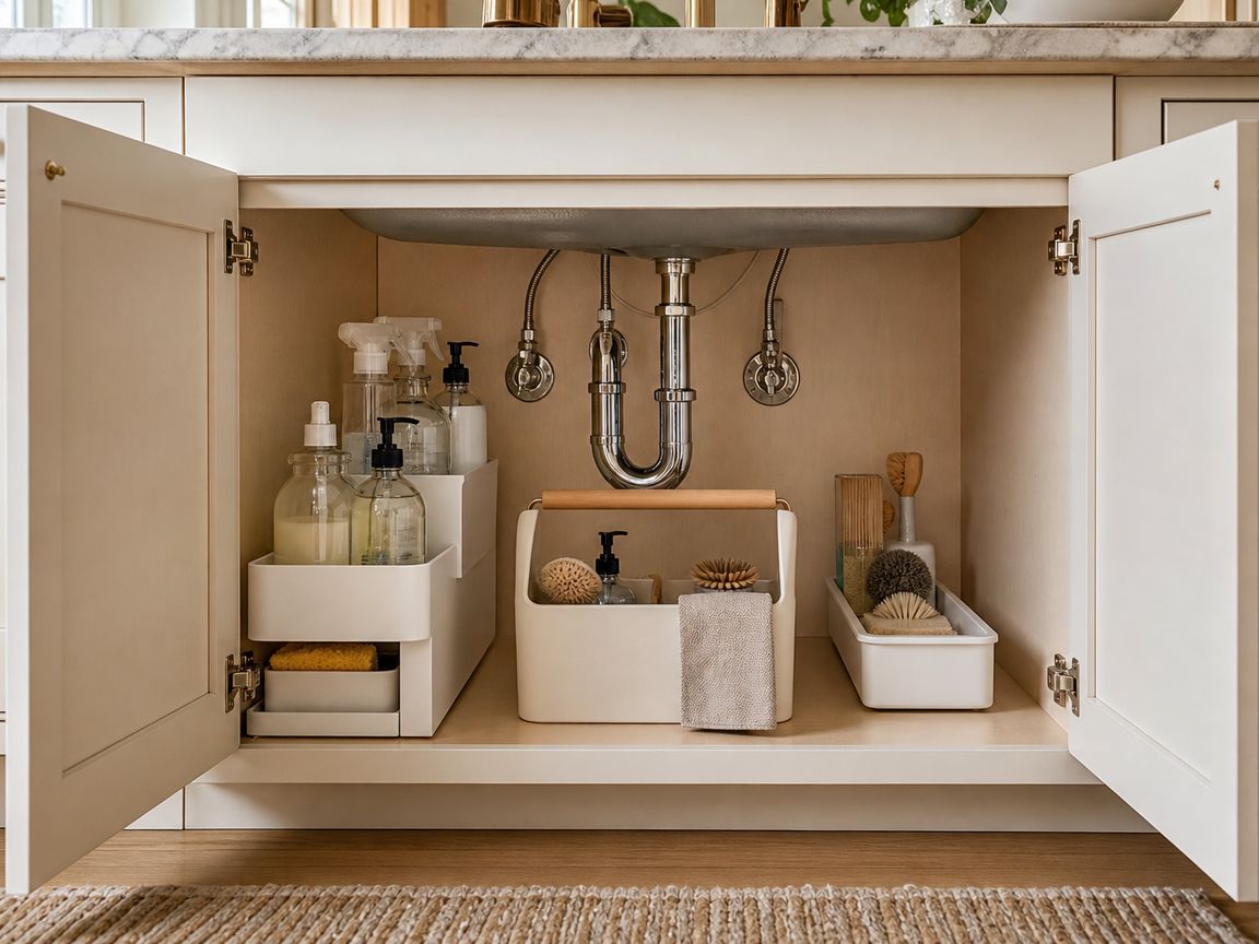 Organized kitchen sink base cabinet with a slide-out drawer, cleaning caddy and low tray around the plumbing