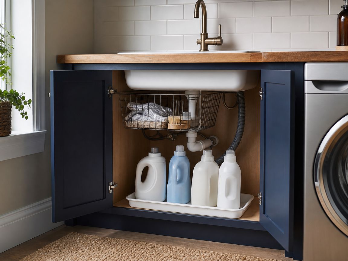 Utility sink cabinet with heavy detergent jugs on a waterproof floor tray and baskets above