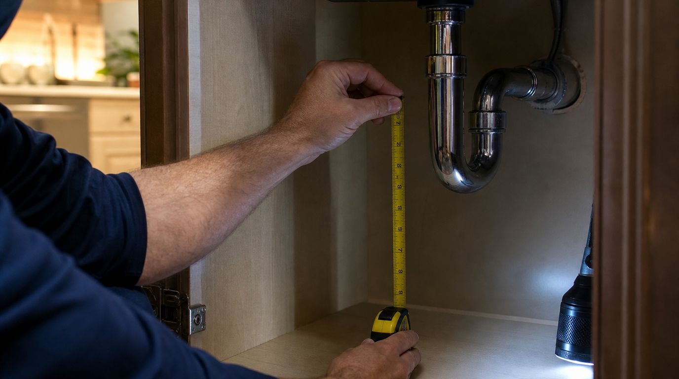 Hands holding a yellow tape measure inside an empty under-sink cabinet, measuring from the floor to the P-trap bend