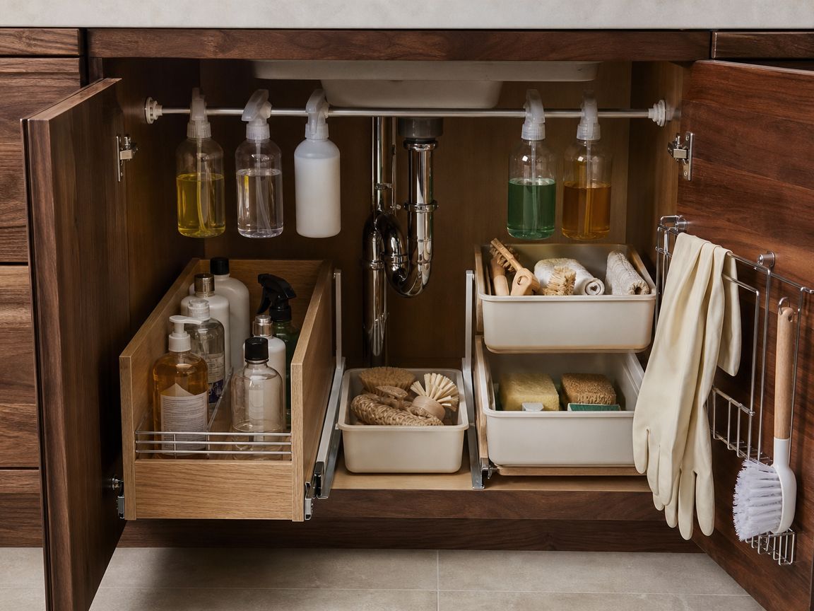 Neatly organized under-sink cabinet with bins, a slide-out drawer, cleaning caddy and low tray arranged around the plumbing